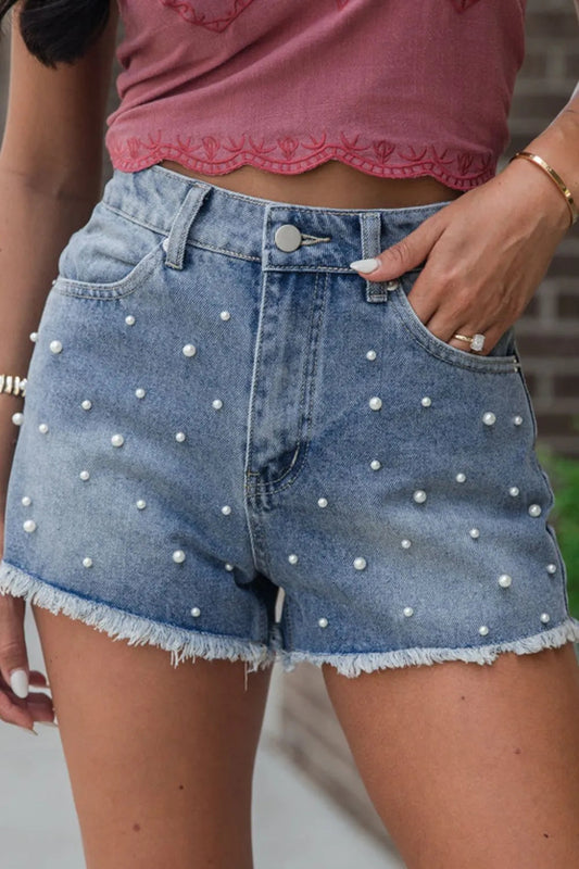 Pearl Beaded Raw Hem Wash Denim Shorts  DAME BOHEME