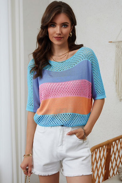 April Knitted Eyelet Colorblock Striped Half Sleeves Top  DAME BOHEME