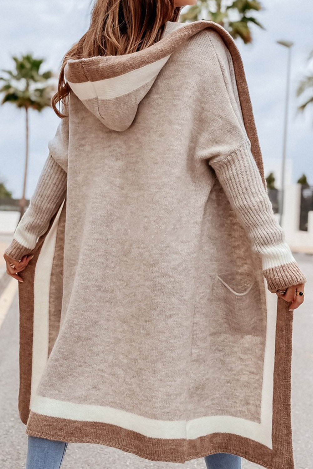 Contrast Dropped Shoulders Long Sleeve Hooded Cardigan