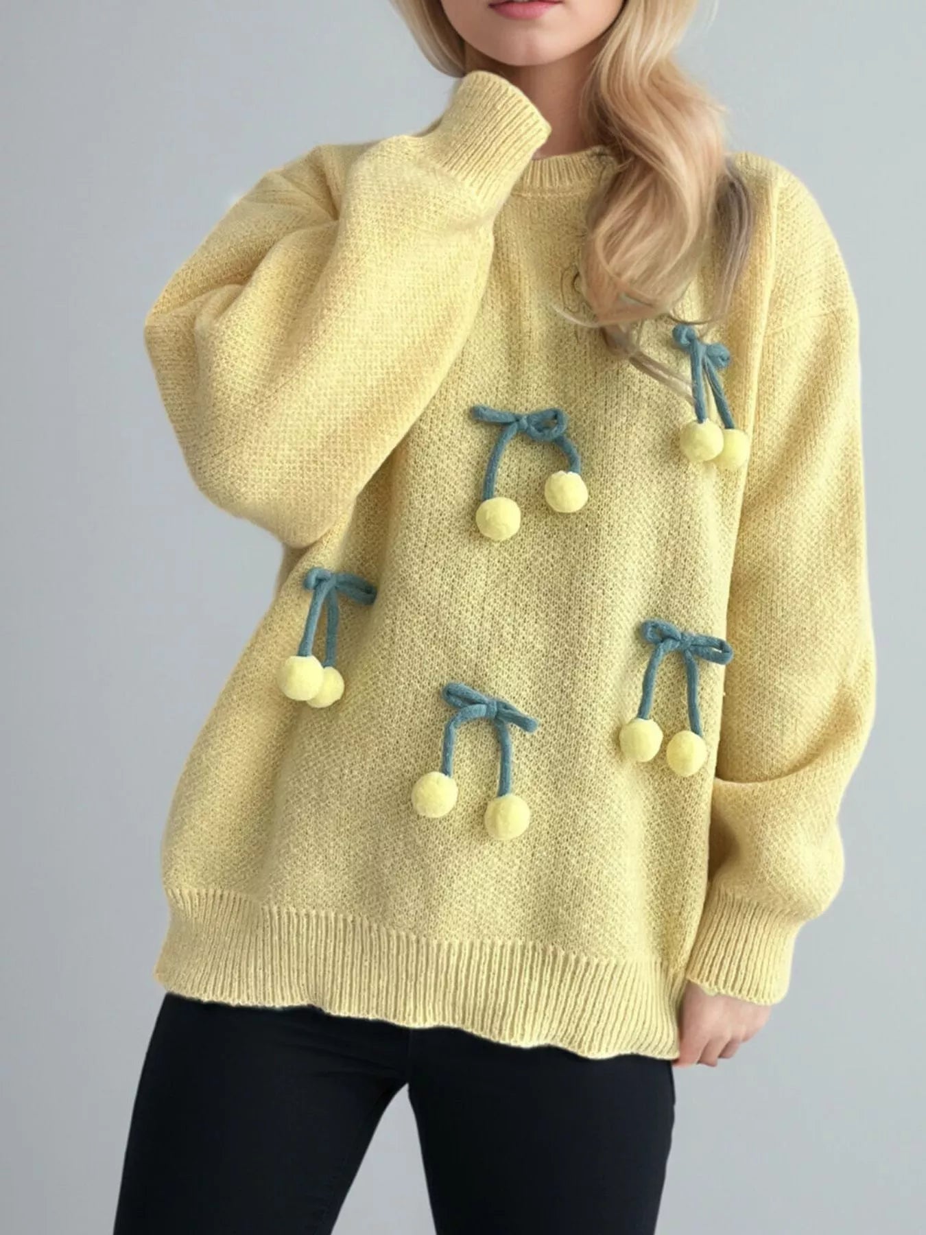 Cherry Pom-Pom Knit Round Neck Sweater  DAME BOHEME