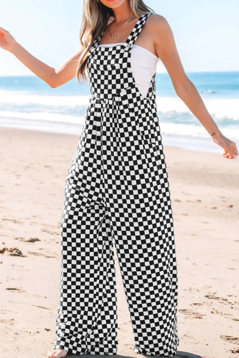 Checkered Print Pocketed Wide Leg Jumpsuit  DAME BOHEME