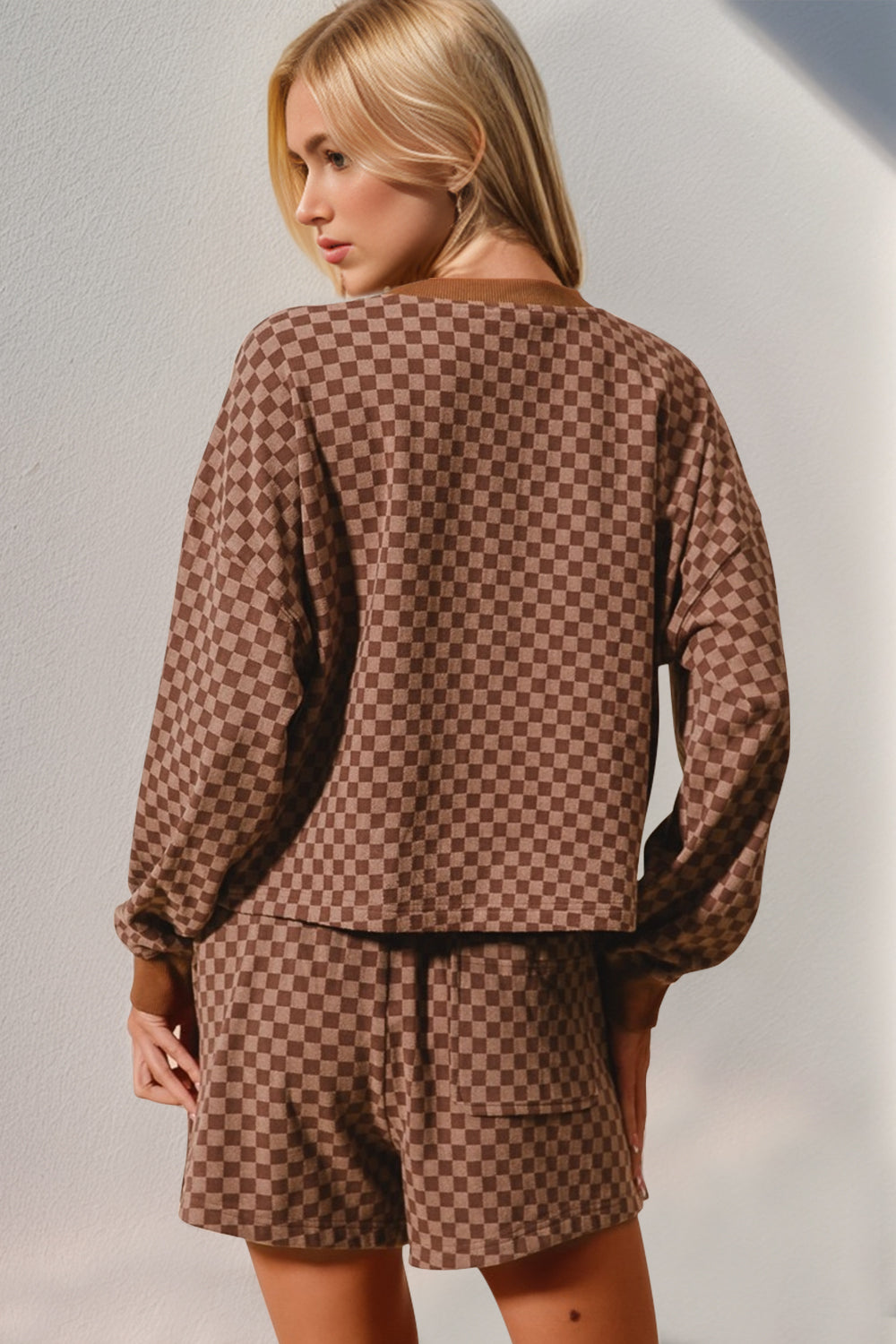 Double Take Checkered Half Button Top and Shorts Set  DAME BOHEME