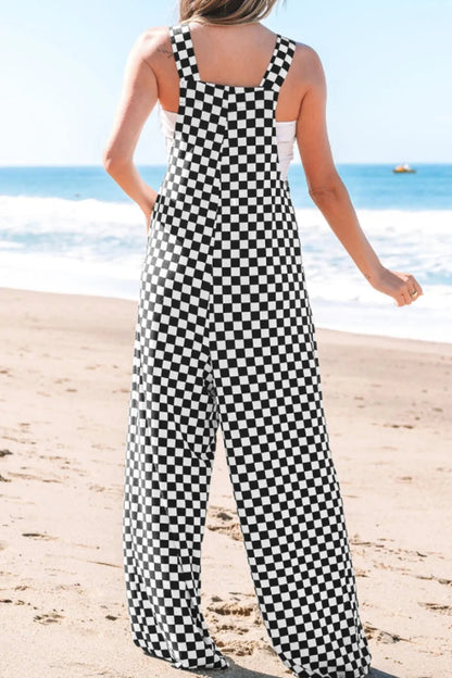 Checkered Print Pocketed Wide Leg Jumpsuit  DAME BOHEME