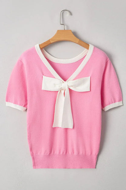 Bow Back Round Neck Short Sleeve Knit Top  DAME BOHEME