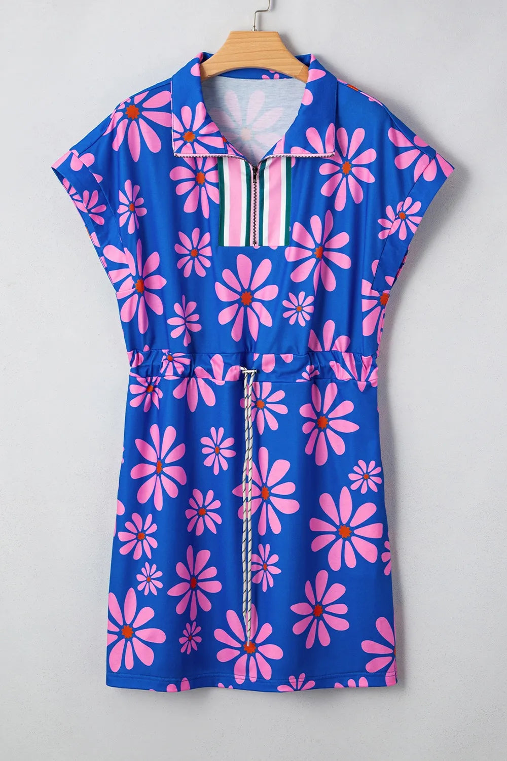 Floral Print Zip Collar Drawstring Summer Mini Dress Trendsi