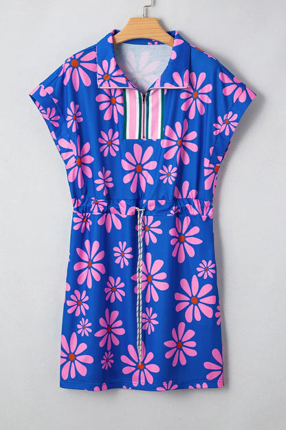 Floral Print Zip Collar Drawstring Summer Mini Dress Trendsi