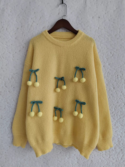 Cherry Pom-Pom Knit Round Neck Sweater  DAME BOHEME