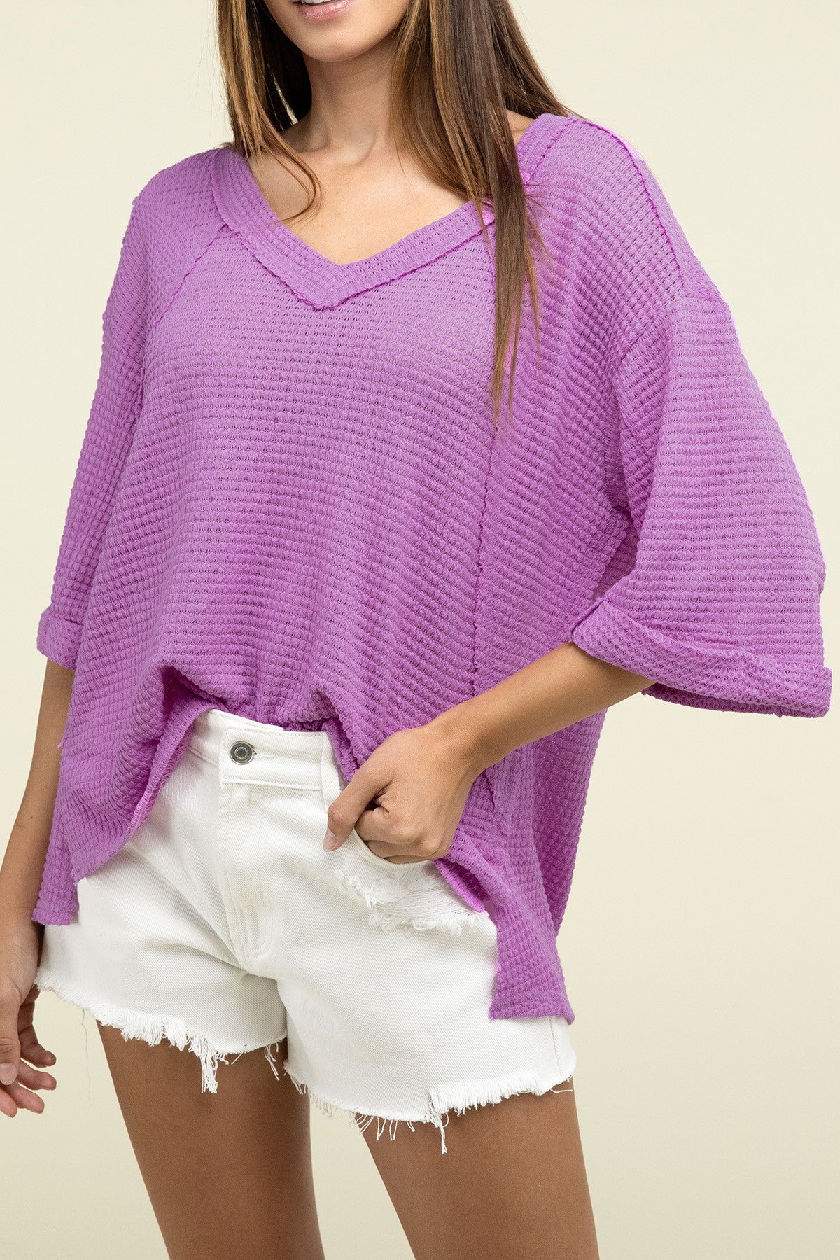 Brushed Waffle Exposed-Seam 3/4 Rolled Sleeve Top