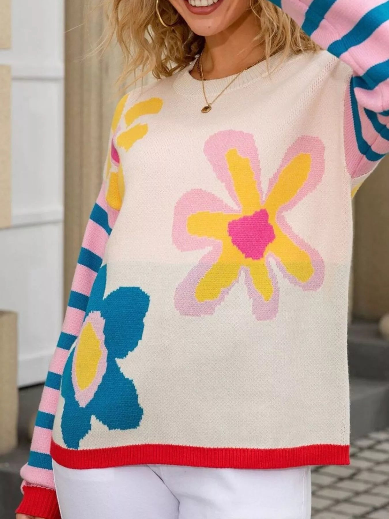 Retro Floral Striped Sleeves Crew Neck Sweater  DAME BOHEME