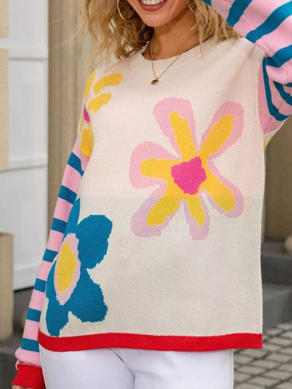 Retro Floral Striped Sleeves Crew Neck Sweater  DAME BOHEME