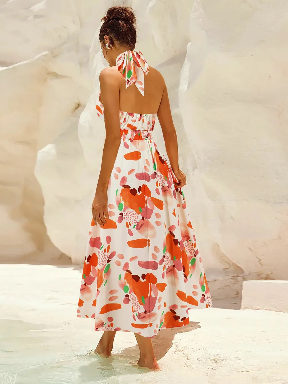 Ruched Printed Halter Neck Midi Dress Trendsi