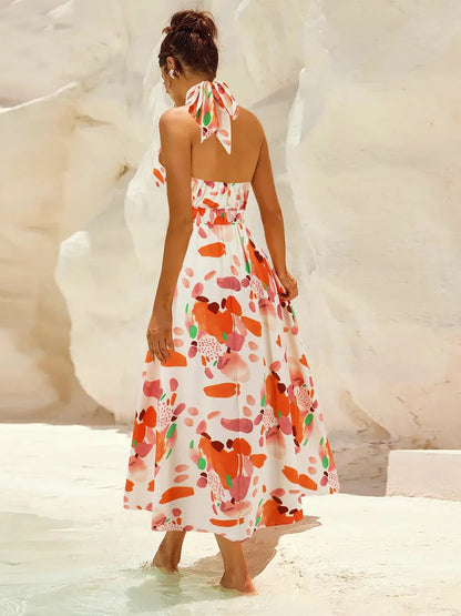 Ruched Printed Halter Neck Midi Dress Trendsi