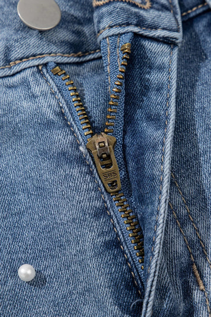 Pearl Beaded Raw Hem Wash Denim Shorts  DAME BOHEME