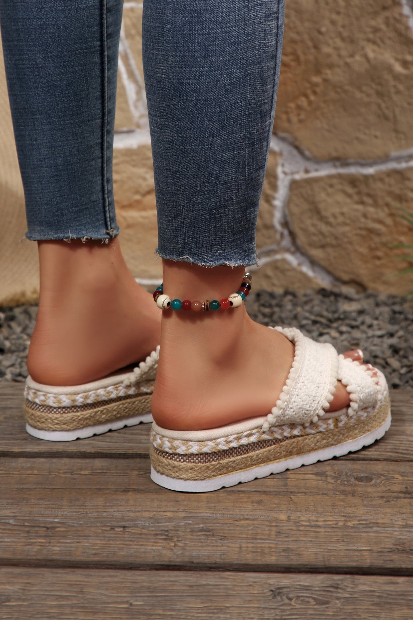 White Pompom Knit Platform Slide Slippers  DAME BOHEME