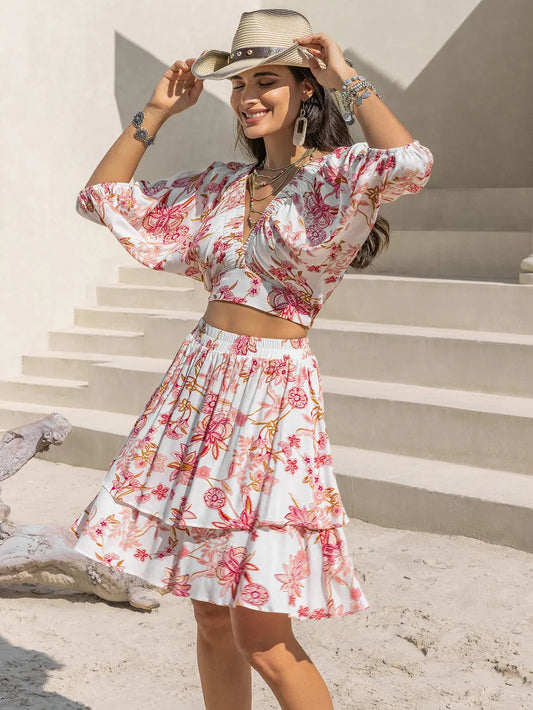 Printed Half Sleeve Top and Layered Skirt Set Trendsi