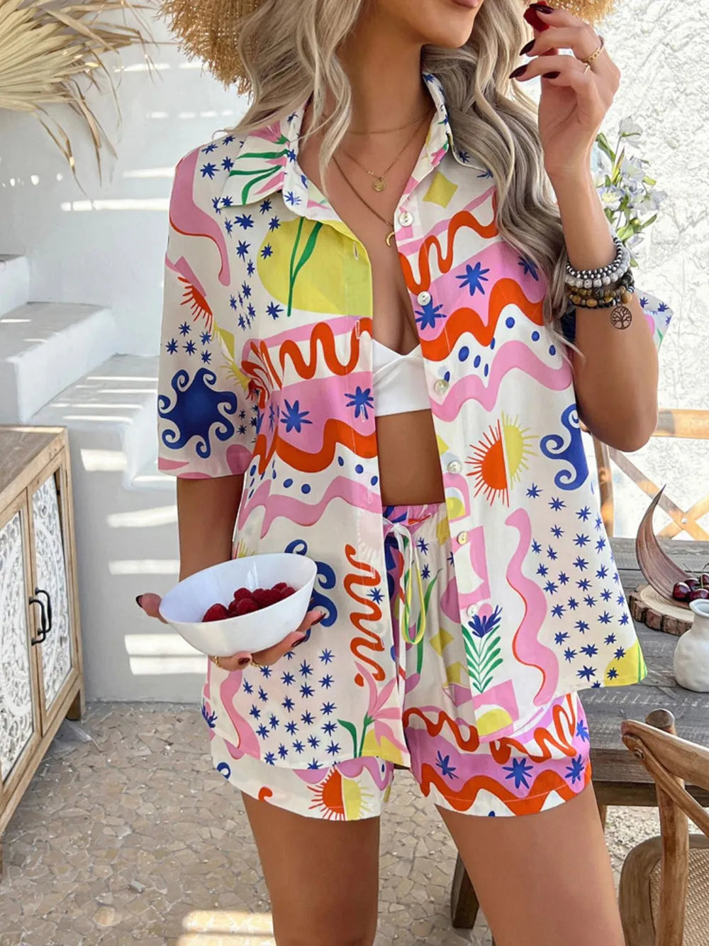 Devine Tropical Print Button-Down Shirt and Shorts Set Trendsi