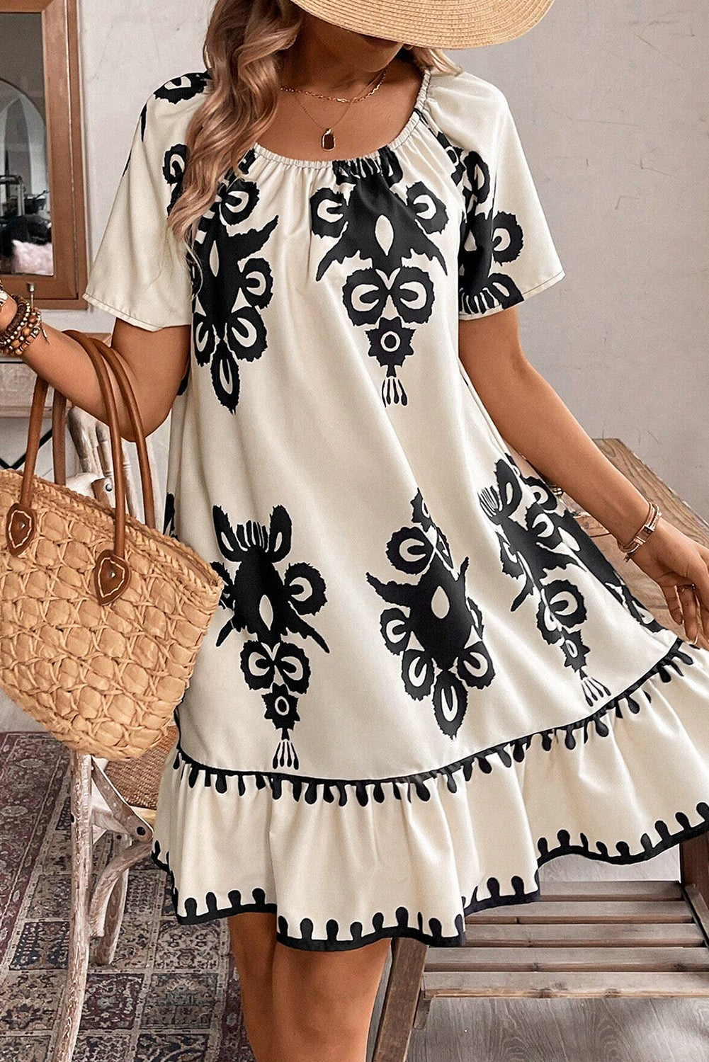 Apricot Ethnic Print Ruffle Hem Loose Mini Dress  DAME BOHEME