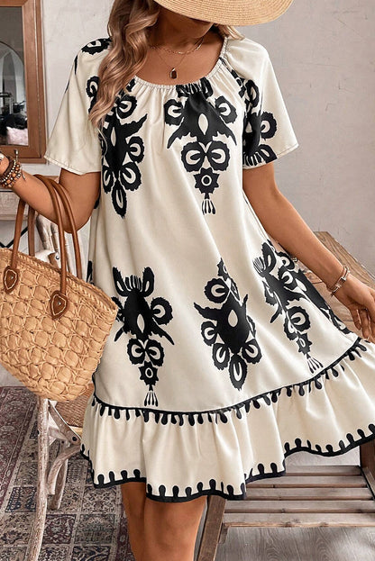 Apricot Ethnic Print Ruffle Hem Loose Mini Dress  DAME BOHEME