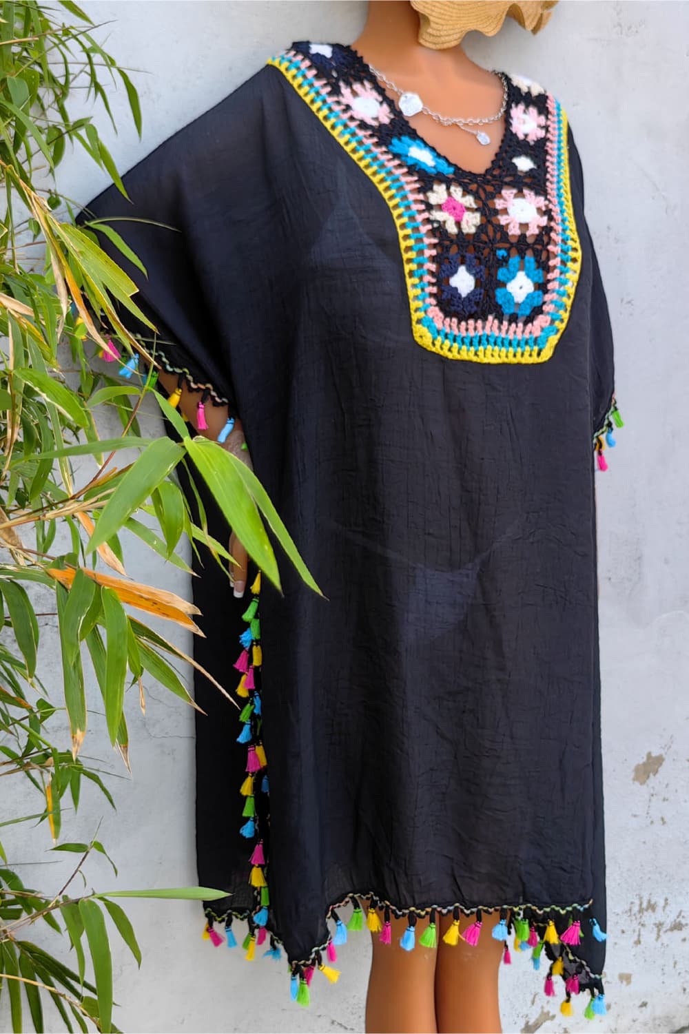 Tassel Detail Embroidery Kimono Dress Cover-up Trendsi