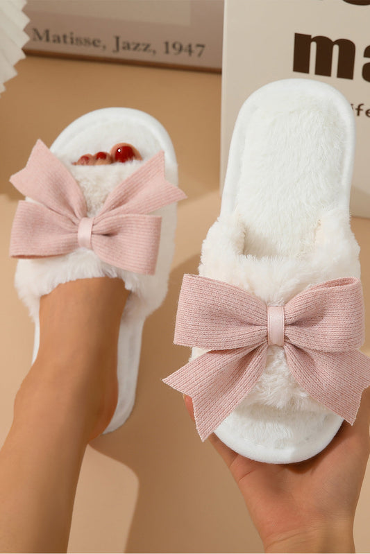 White Bow Knot Decor Open Toe Plush Slippers  DAME BOHEME