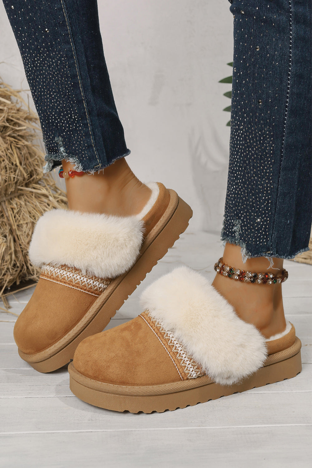 Camel Suede Fuzzy Winter Warm Platform Slippers  DAME BOHEME