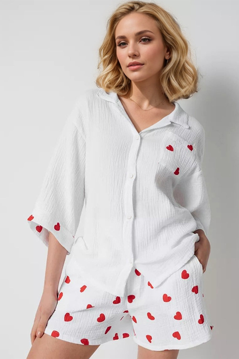 Basic Bae Heart Collared Neck Button Down Top and Shorts Loungewear Set