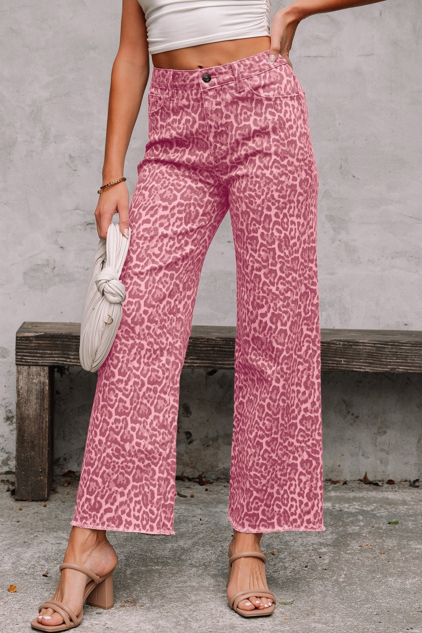 Gray Leopard Frayed Edge Wide Leg High Waist Jeans  DAME BOHEME