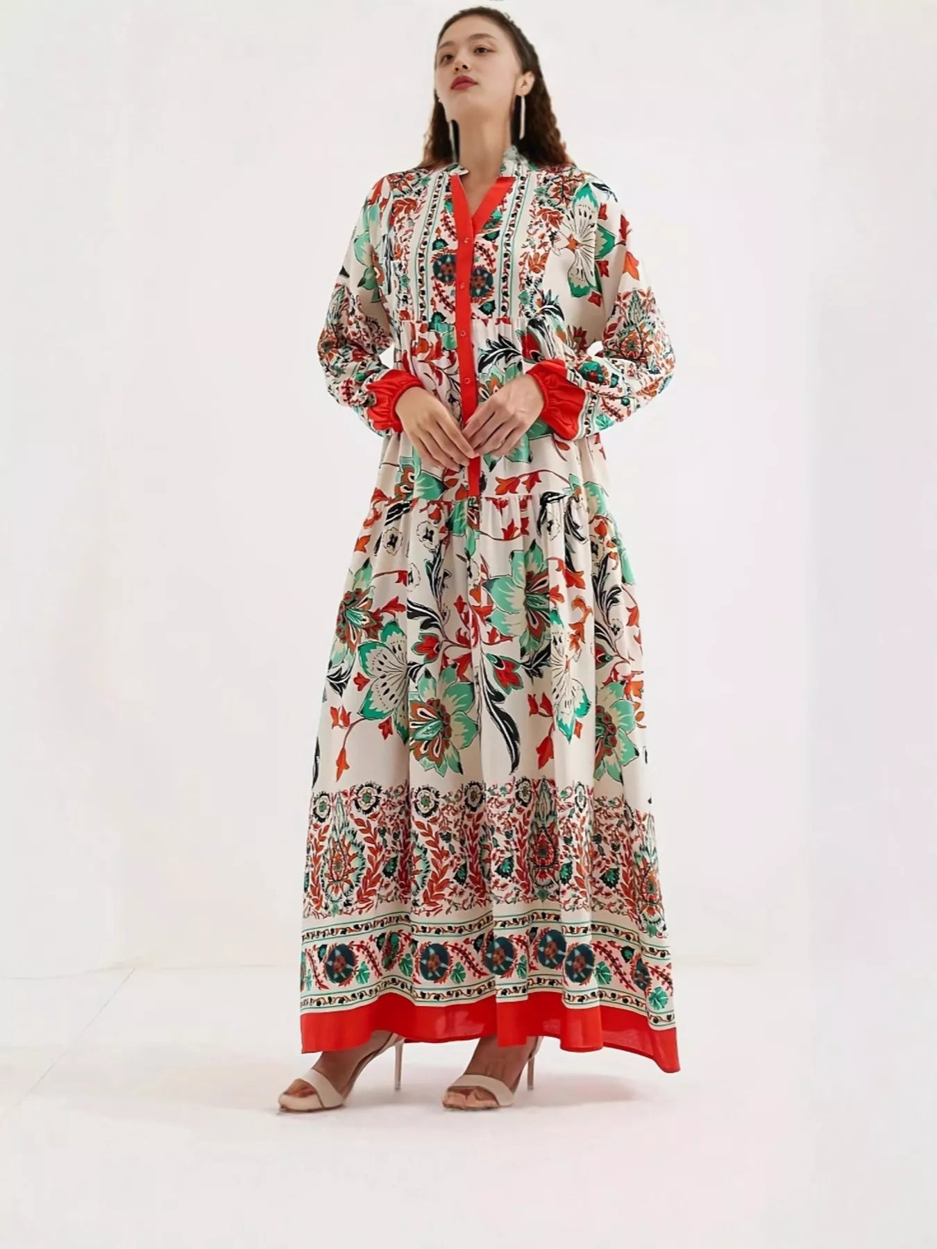 Printed Notched Long Sleeve Maxi Dress  DAME BOHEME