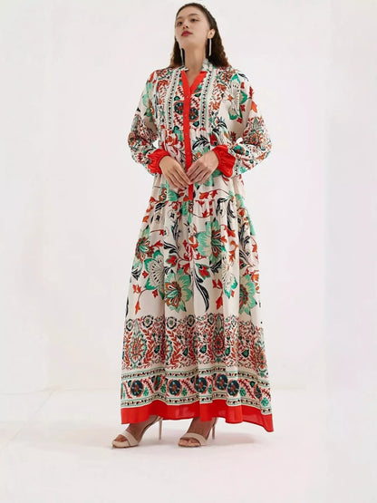 Printed Notched Long Sleeve Maxi Dress  DAME BOHEME