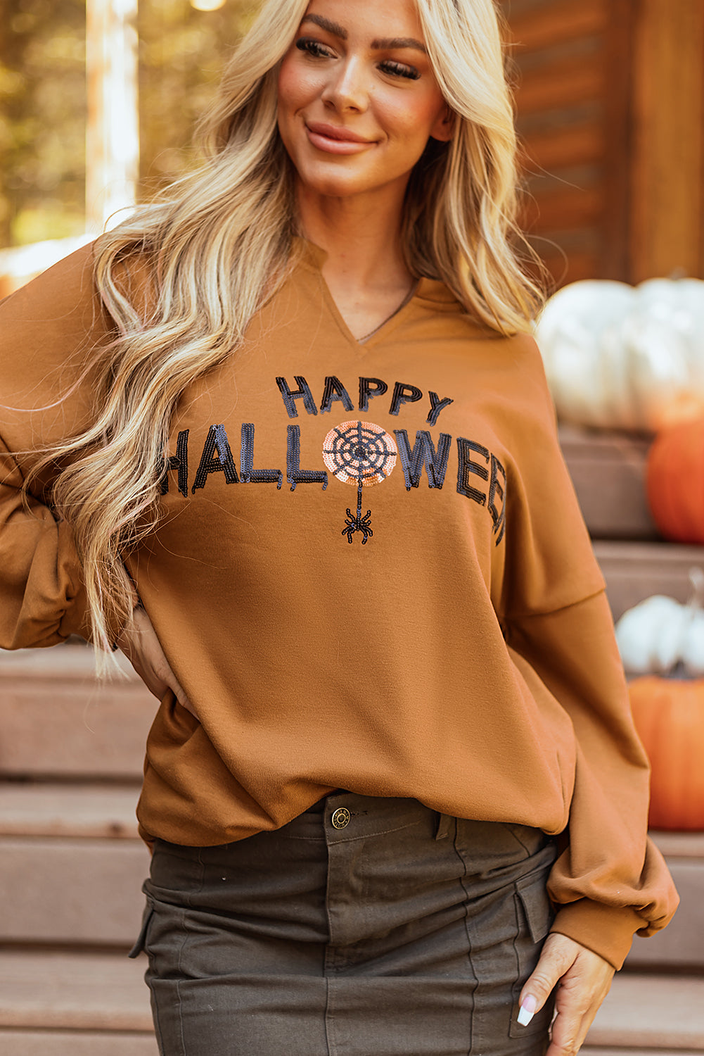Sequin Happy Halloween Long Sleeve Top  DAME BOHEME