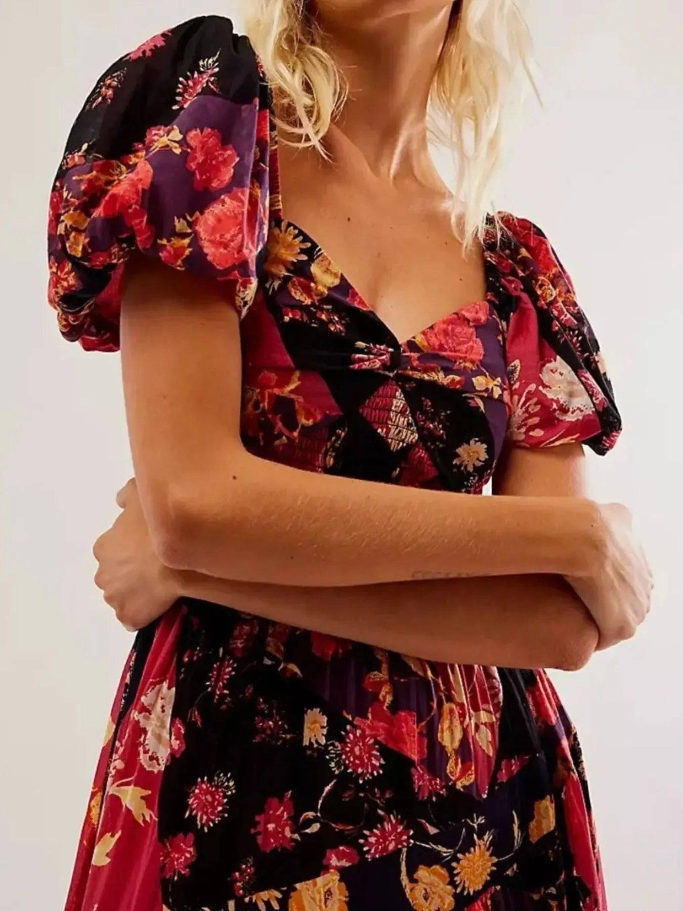 Printed Sweetheart Neck Puff Sleeve Maxi Dress Trendsi