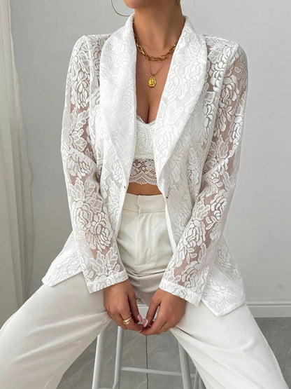 Sheer White Lace Lapel Collar Long Sleeve Blazer Plus Size Trendsi