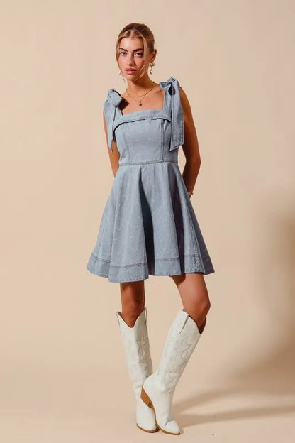 SO ME A Line Fit and Flare Diamond Bow Denim Dress Trendsi
