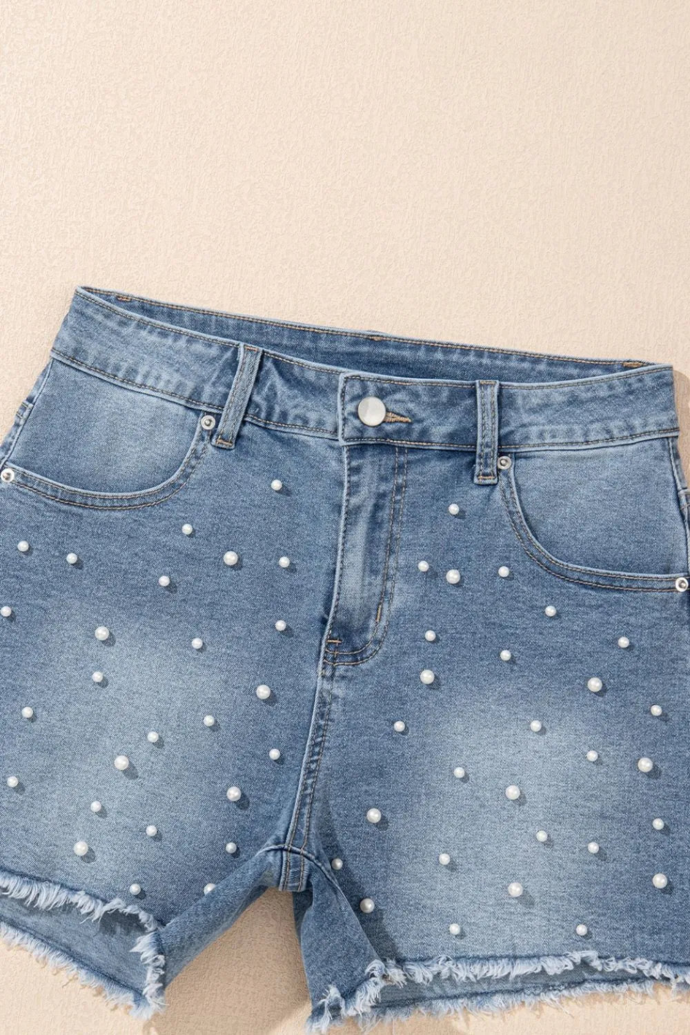 Pearl Beaded Raw Hem Wash Denim Shorts  DAME BOHEME