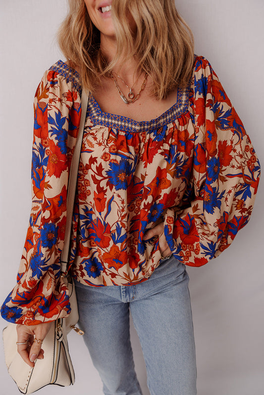 Adeline Floral Print Square Neck Backless Loose Fit Blouse  DAME BOHEME