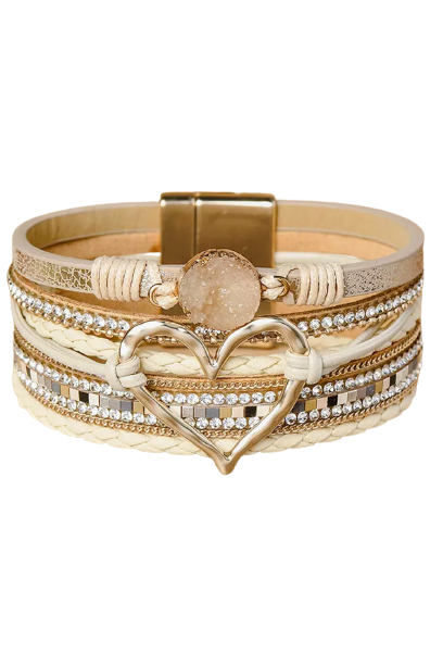 Beige Braided Heart Rhinestone Magnetic Buckle Multi Layered Bracelet  DAME BOHEME