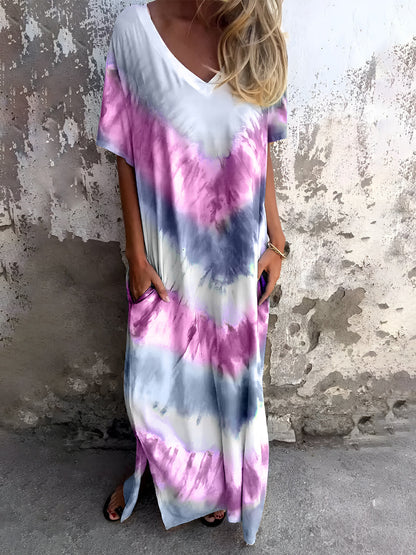Full Size Pocketed Tie-Dye Short Sleeve Maxi Dress Trendsi