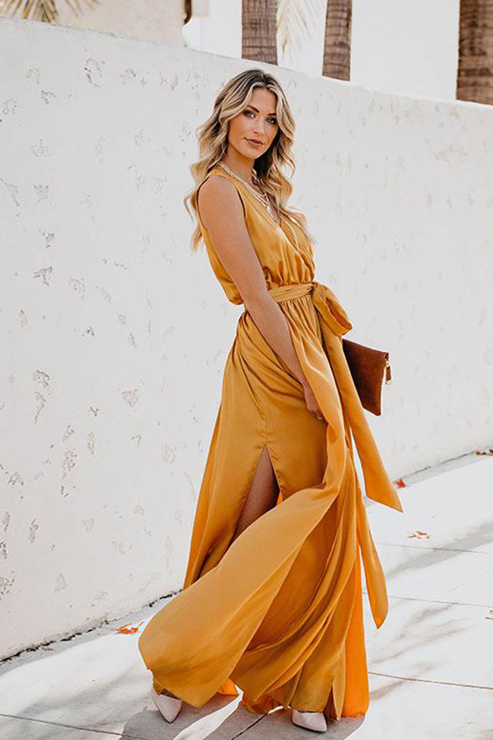 Surplice Tie Waist Maxi Dress Trendsi