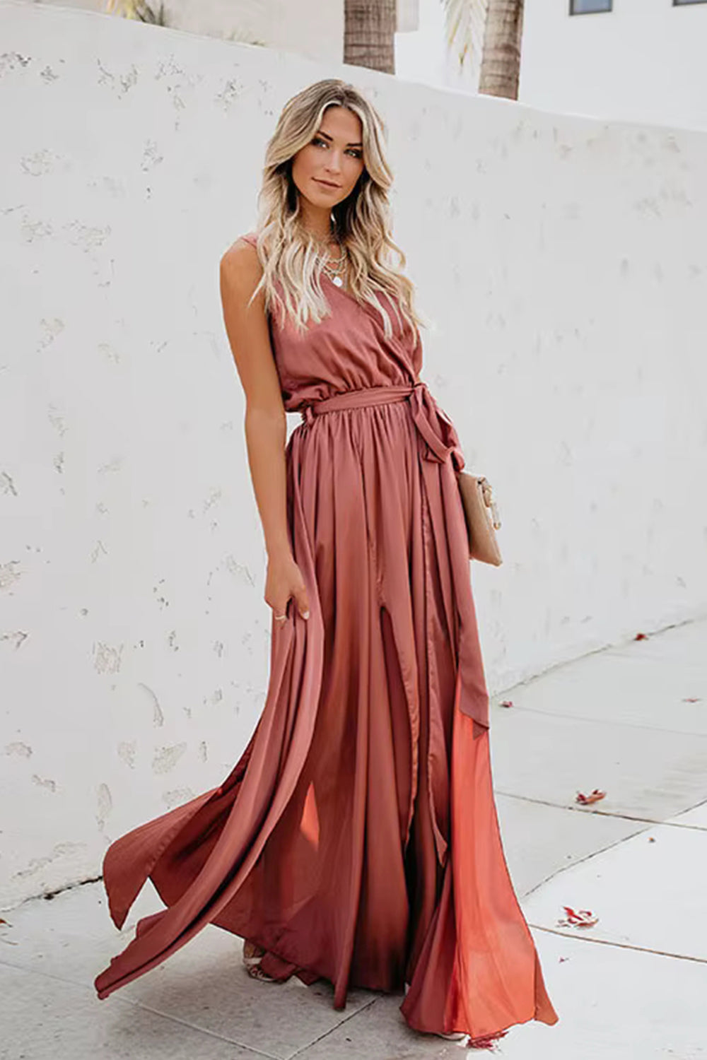 Surplice Tie Waist Maxi Dress Trendsi