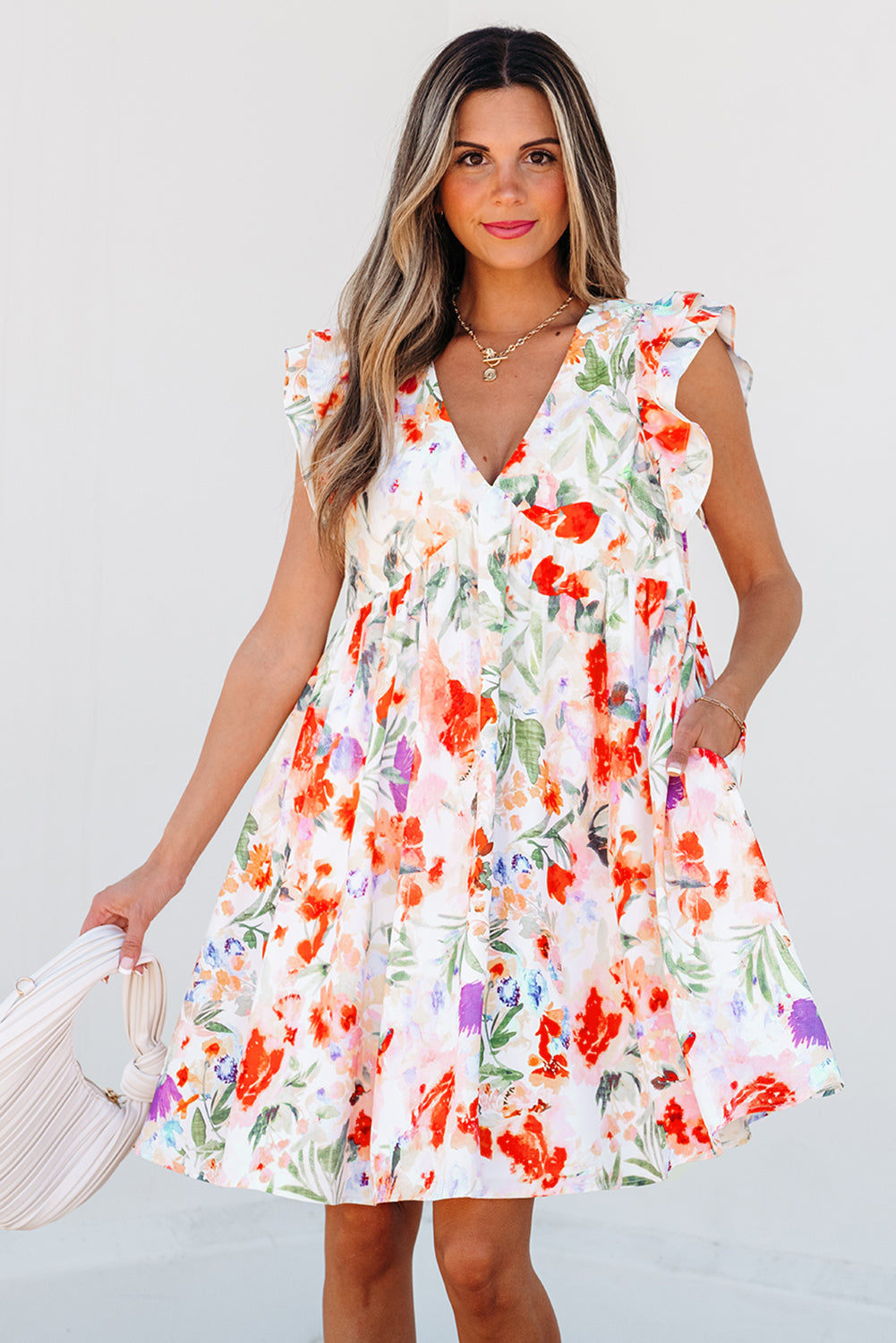 Pink Floral Double Ruffle Sleeve V Neck High Waist Mini Dress  DAME BOHEME