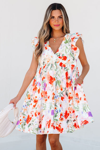 Pink Floral Double Ruffle Sleeve V Neck High Waist Mini Dress  DAME BOHEME