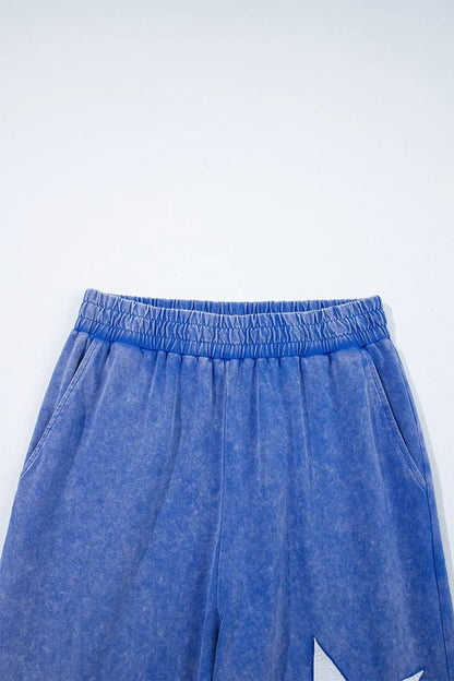 Acid Wash Star Patched Rolled Trim Top and Pants Set  DAME BOHEME