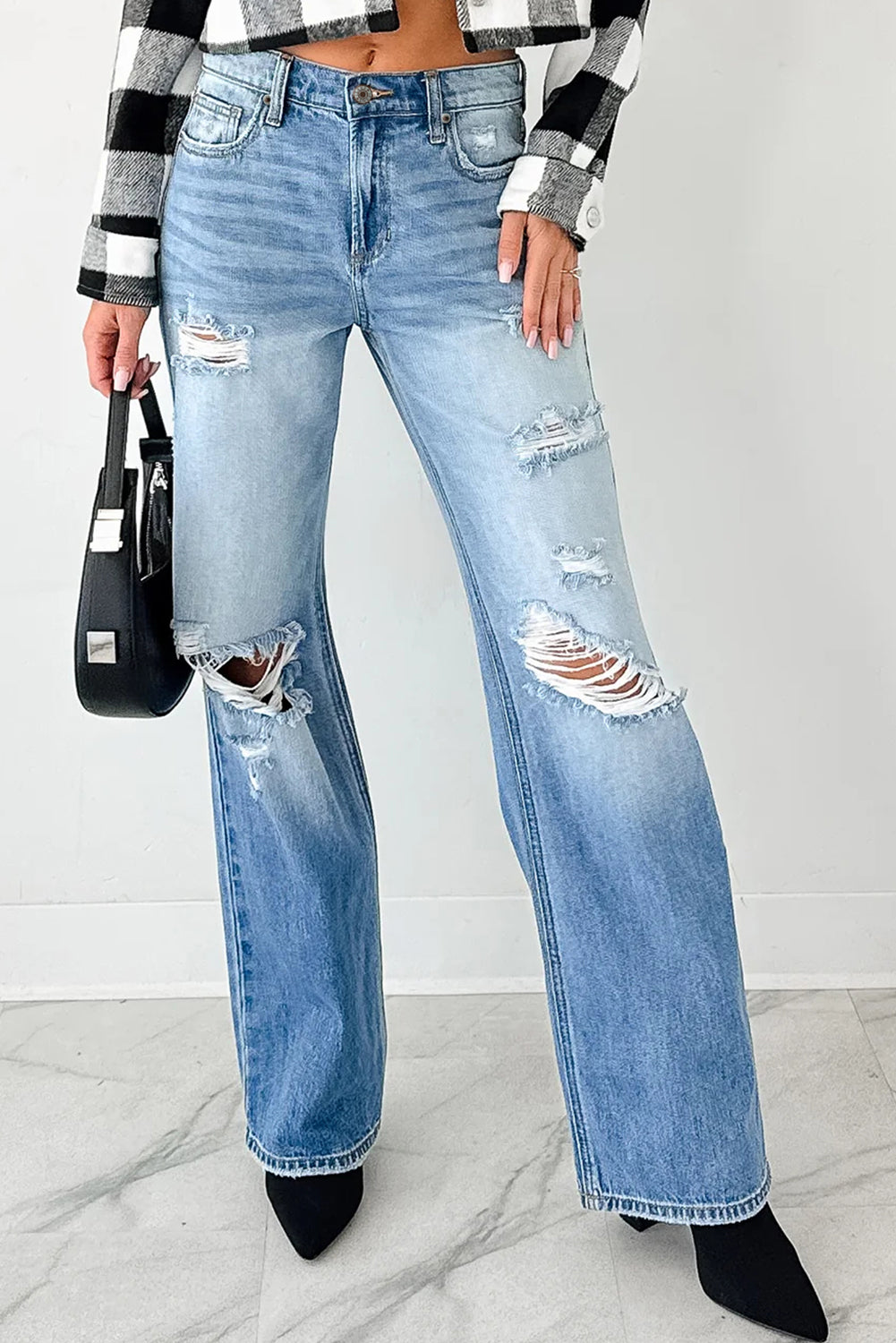 Myosotis Mid Rise Distressed Straight Leg Jeans  DAME BOHEME