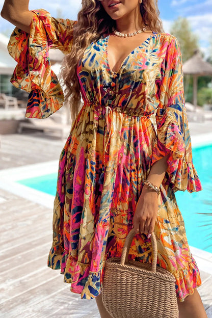 Printed Flare Sleeve Ruffled Hem Dress Trendsi