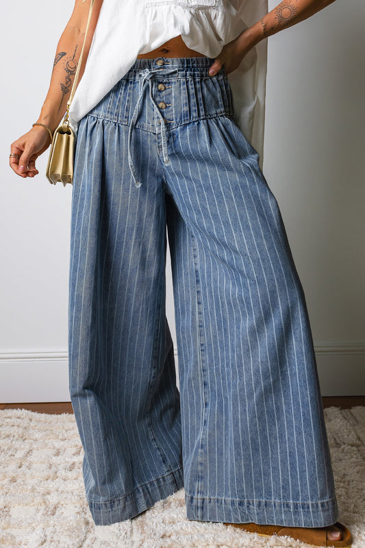 Sky Blue Stripe Button Pleated Drawstring Waist Casual Wide Leg Jeans  DAME BOHEME
