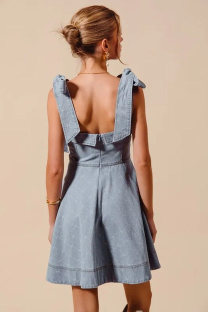 SO ME A Line Fit and Flare Diamond Bow Denim Dress Trendsi