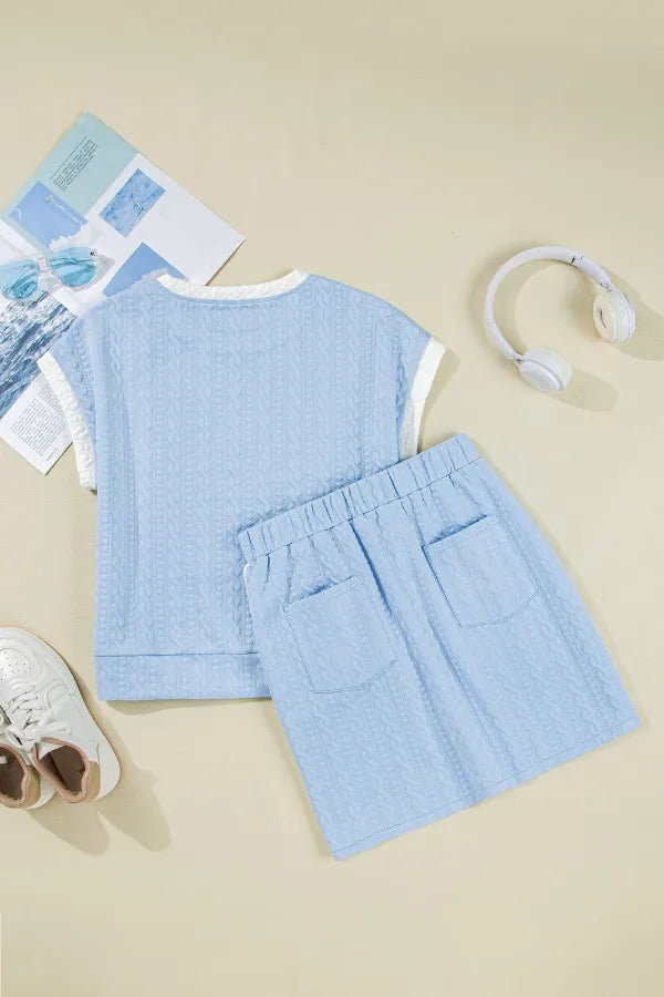 Contrast Trim Textured Crewneck Tee and Pocketed Skirt Set  DAME BOHEME