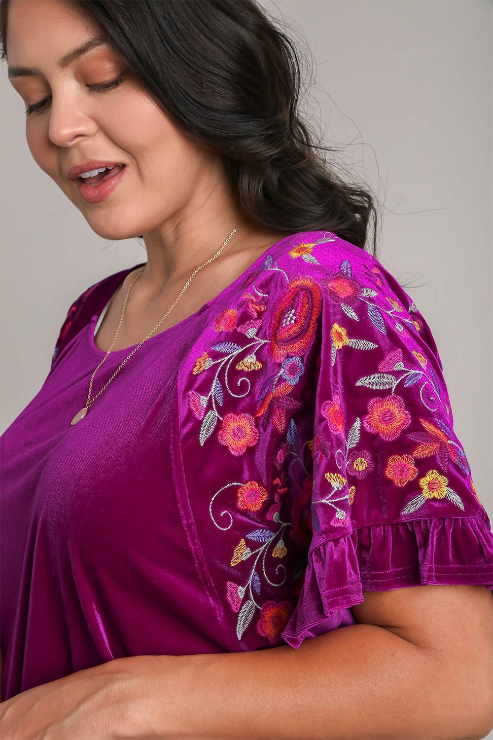 Umgee Full Size Velvet Embroidery Short Sleeve Blouse Trendsi