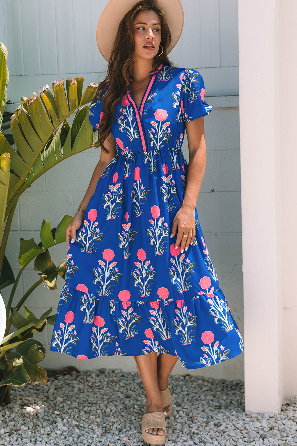 Floral Puff Short Sleeve High Waist Midi Dress Trendsi