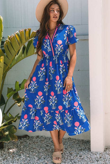 Floral Puff Short Sleeve High Waist Midi Dress Trendsi